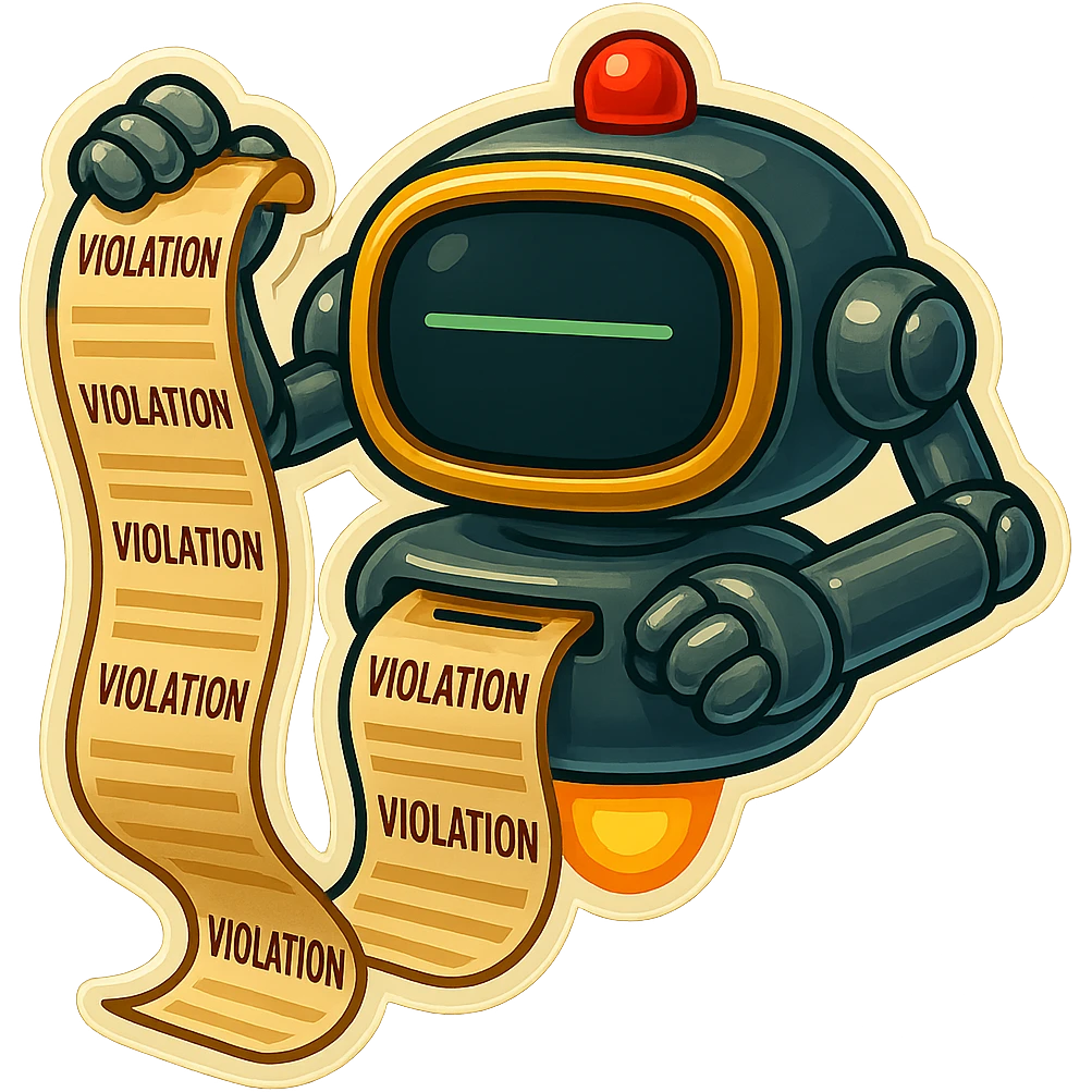 auditor robot prints out violations from a visible slot.  no legs. the robot hovers emoji