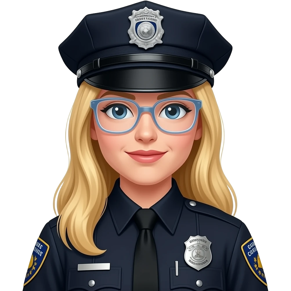 police woman, blonde long hair, Clear colored glasses, badge says (Community Service Officer) black uniform, no hat emoji
