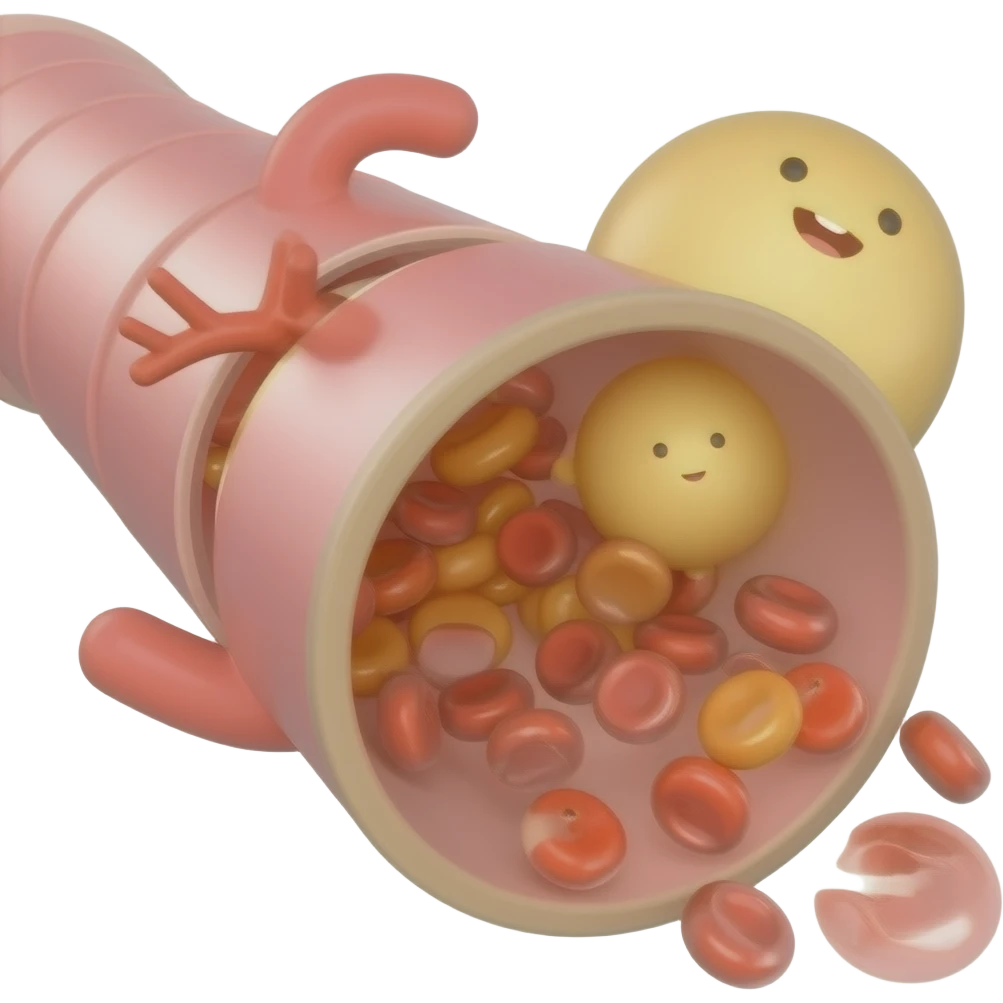 small yellow adipose mass inside vascular tube partially blocking blood cells flow emoji