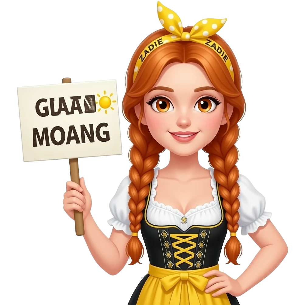 sexy girl with overlong ginger braids and ginger eyes wearing a yellow dirndl and a yellow headband with ZADIE written on it, is holding a sign with GUADN MOANG 🌞 written on it emoji