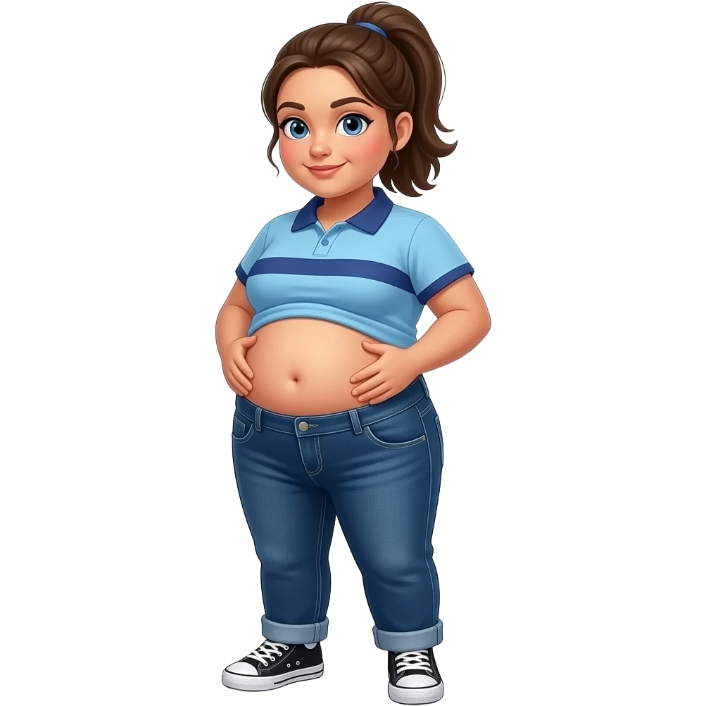 Obese Hispanic girl with brown ponytail and blue eyes light blue dark blue lined polo and dark blue baggy jeans and belly button and black and white sneakers belly wave movement emoji