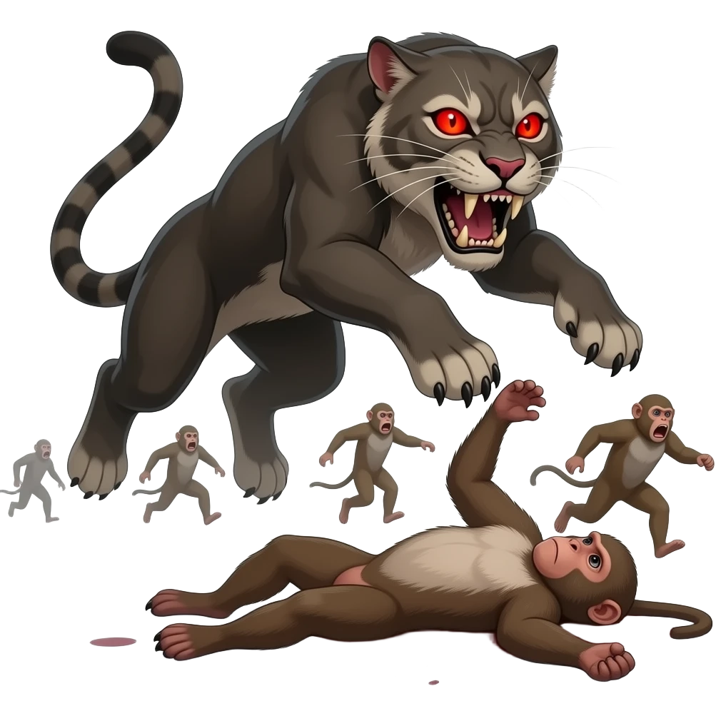 Smilodon jumpscare kills macaque red eyes scary appearance scaring macaques running away from it emoji