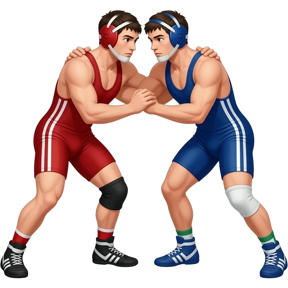 Erstelle ein Bild von zwei Uni-Wrestler in knappen engen Wrestler-suits, die beiden haben unterschiedlich Farben an und sie ringen miteinander auf dem Boden emoji