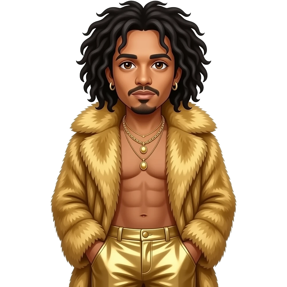 Lenny Kravitz with dark brown eyes, long black hair, gold fur shawl, gold metallic baggy pants, shirtless with necklace and earrings emoji