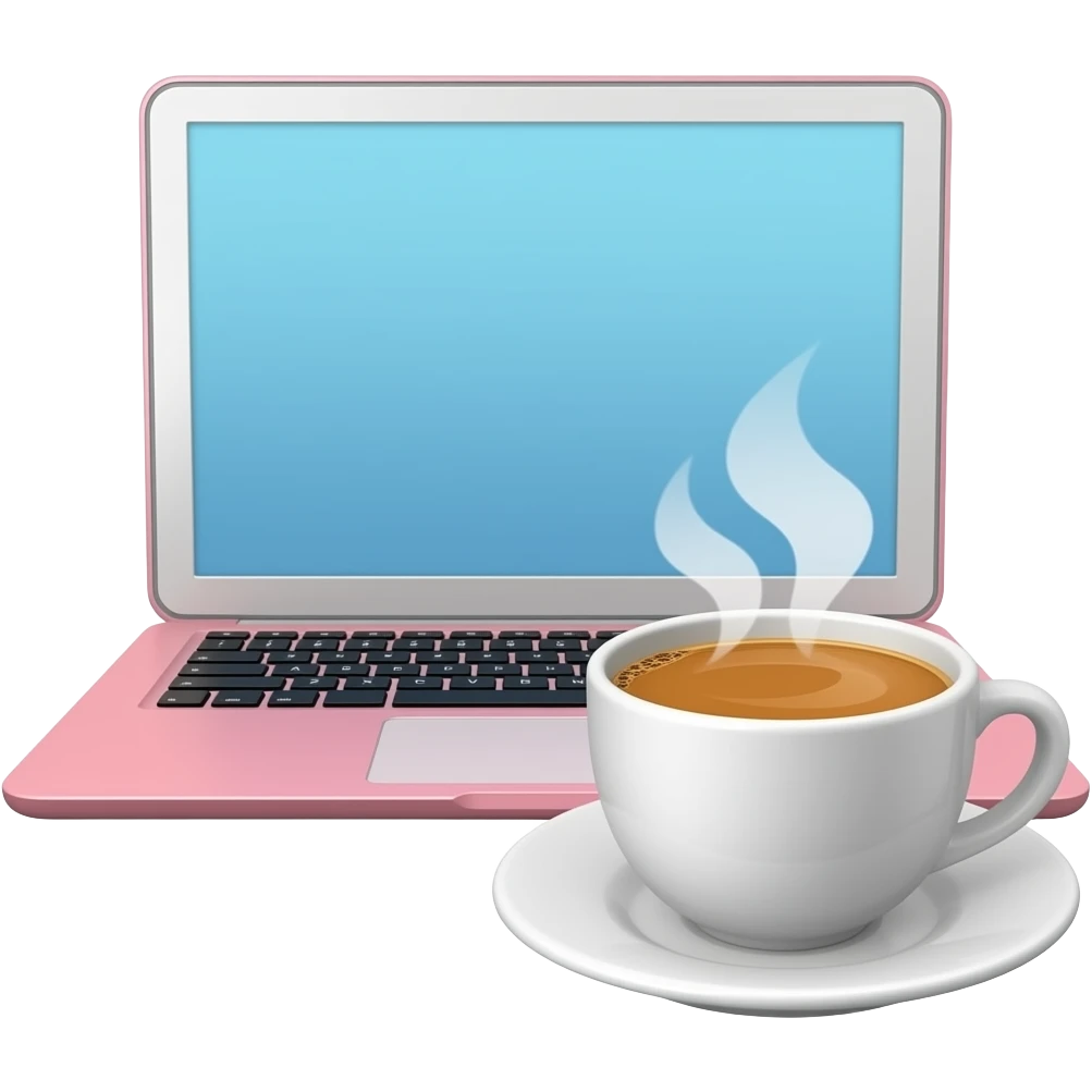 a pink laptop with coffee emoji