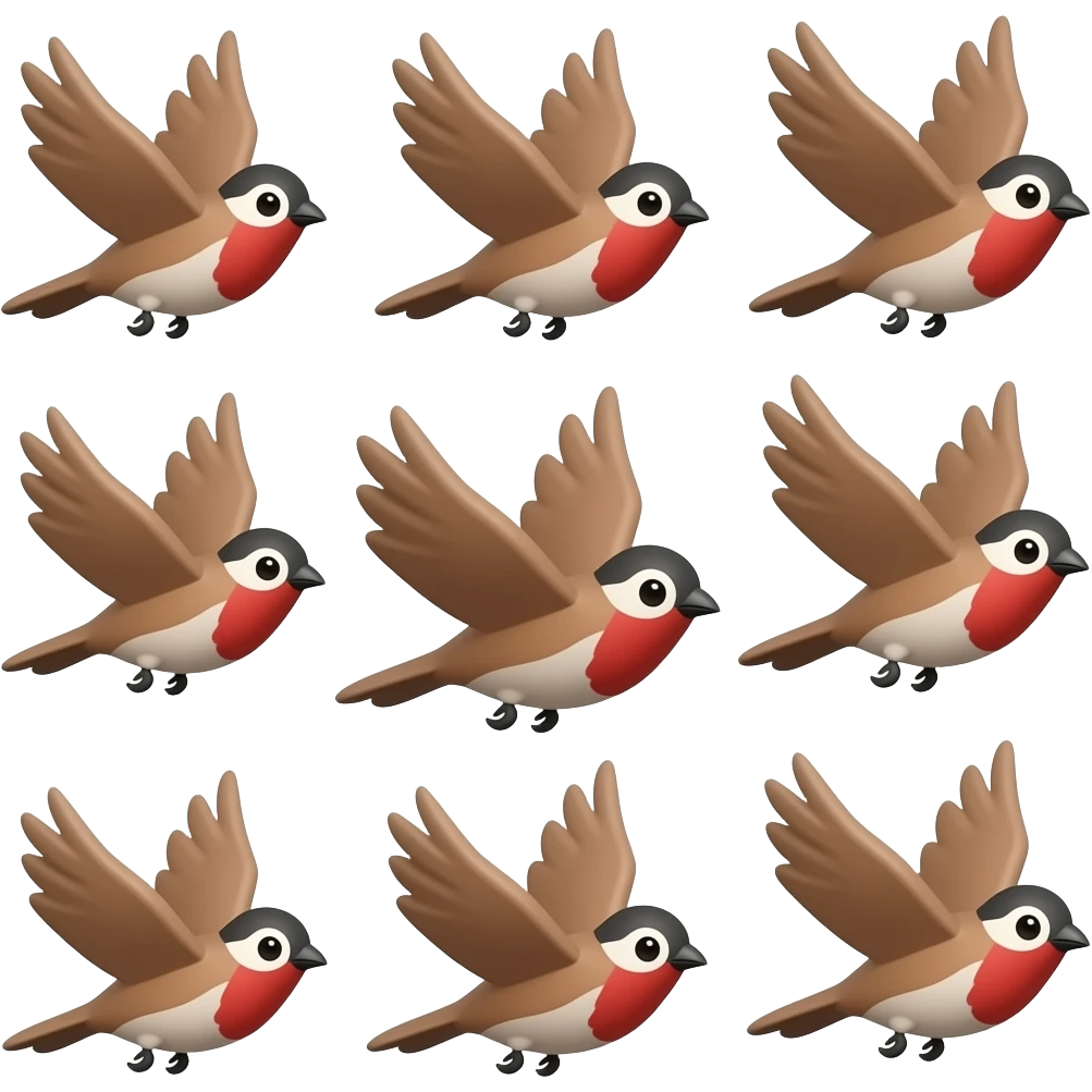 A wings spread out 3D render iPhone emoji icon of a detailed Brown and red color 3D Render iPhone emojis of a flock of brown and red color songbirds flying in the air emoji