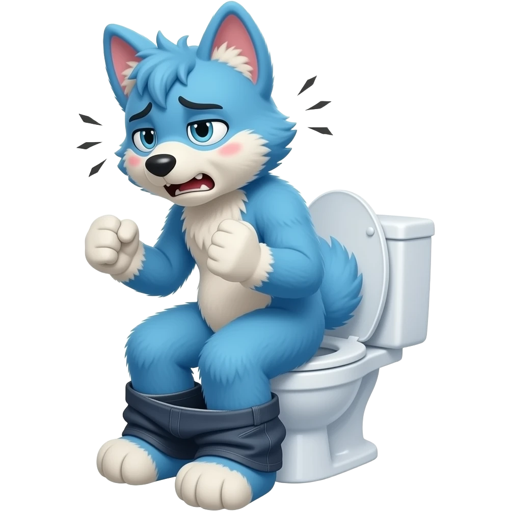 blue fursuit sitting on toilet, side view, pants down, straining face, blushing face, pain, pushing, both fits, discomfort, grunting emoji