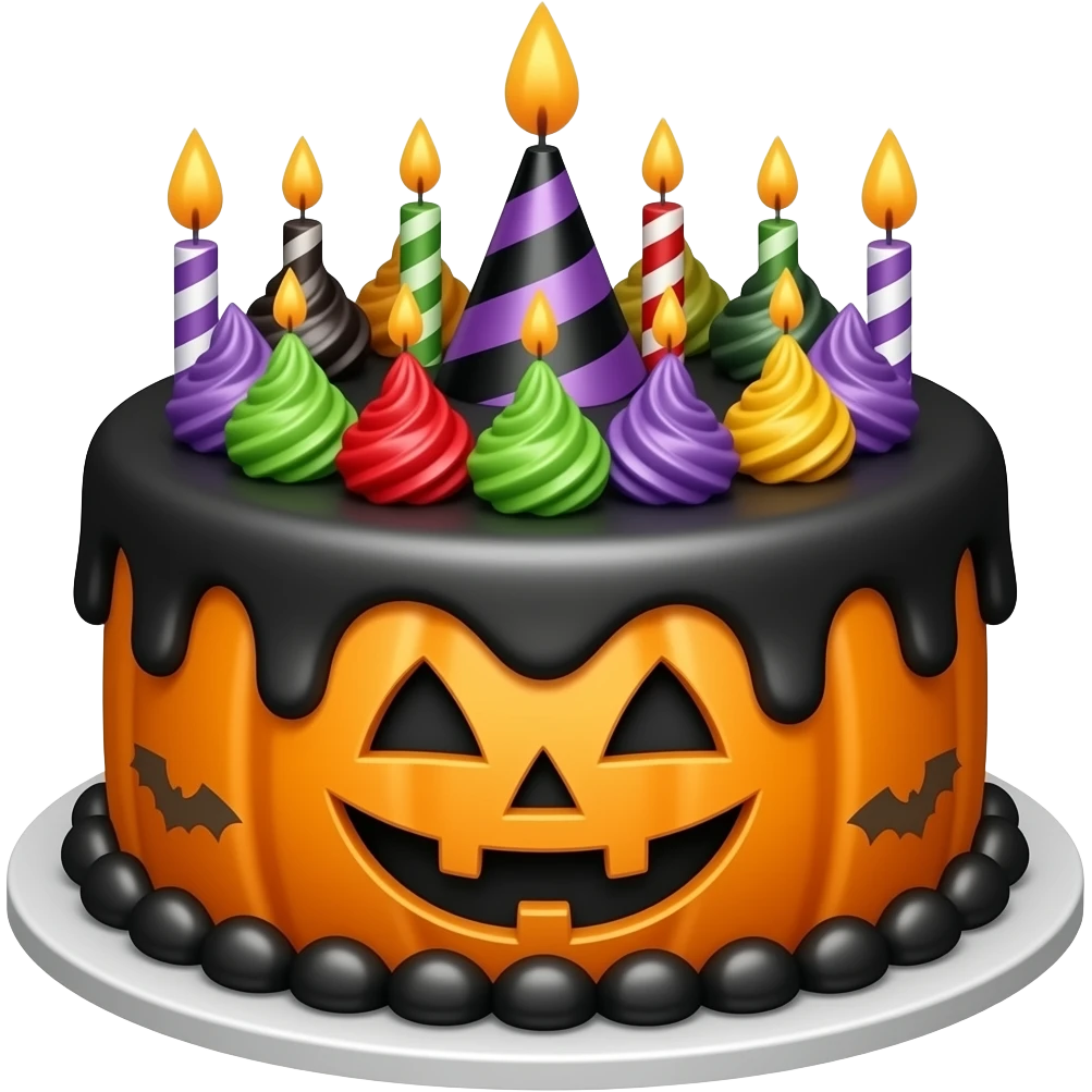 Halloween birthday cake, with black orange, green, red, white and purple emoji