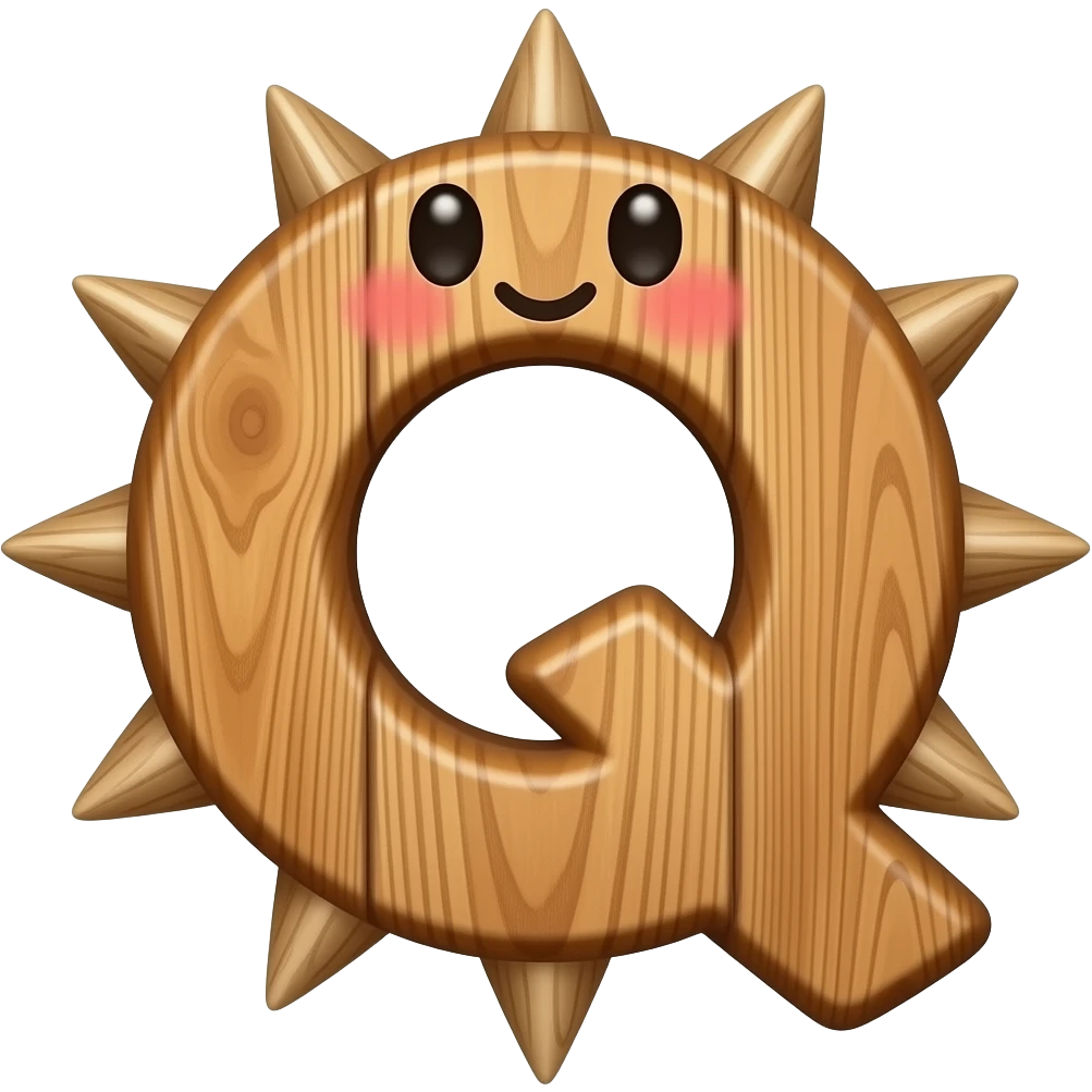 Lowercase seventh letter of the alphabet but is made of wood with a cute face and wooden spikes emoji