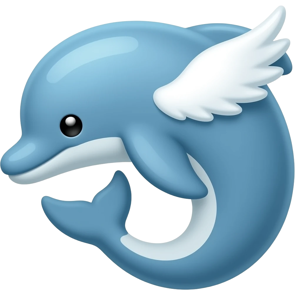 🐬dolphin emoji but with little white wings, blue, curld up,2d, simple emoji