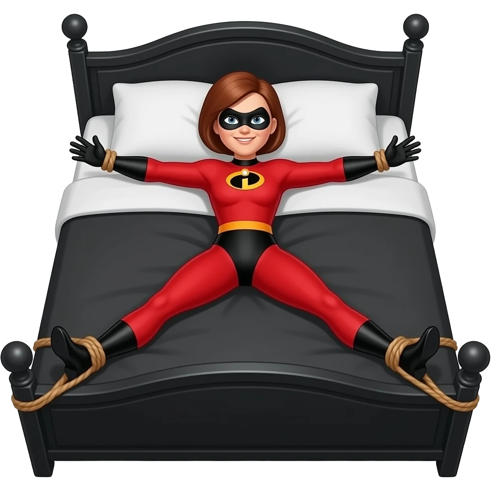 Helen Parr, Mrs. Incredible, Elastigirl, Tied to a black bed, legs and arms spread, tied to the corners of the bed emoji