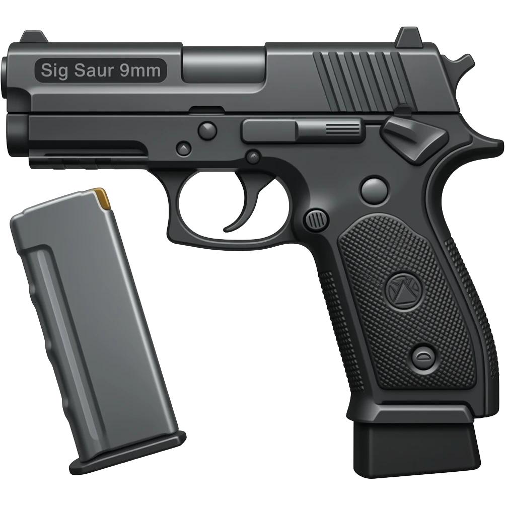 Make the sig saur 9mm pistol and add the name "Sig Saur 9mm" on the barrel . Make the name darker.  Make an extended clip hanging below the gun grip. Get rid of the clip not in the gun. Do not show a clip out of the gun. Get rid of the clip emoji