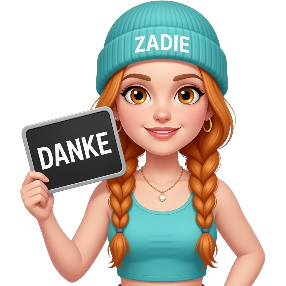 sexy girl with overlong ginger braids and ginger eyes wearing a turquoise tanktop and a turquoise beanie with ZADIE written on it, is holding a black sign with DANKE written on it emoji