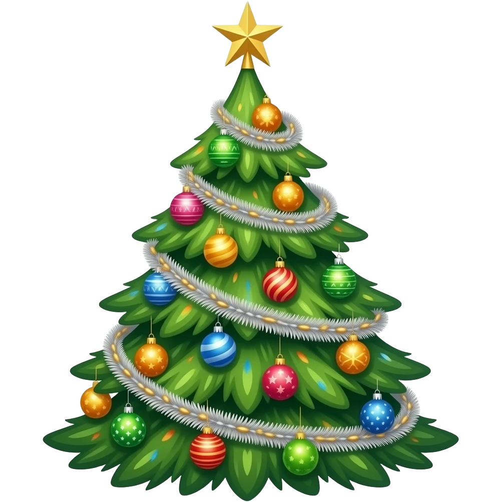Highly detailed Christmas tree with ornaments, and silver and gold garland emoji