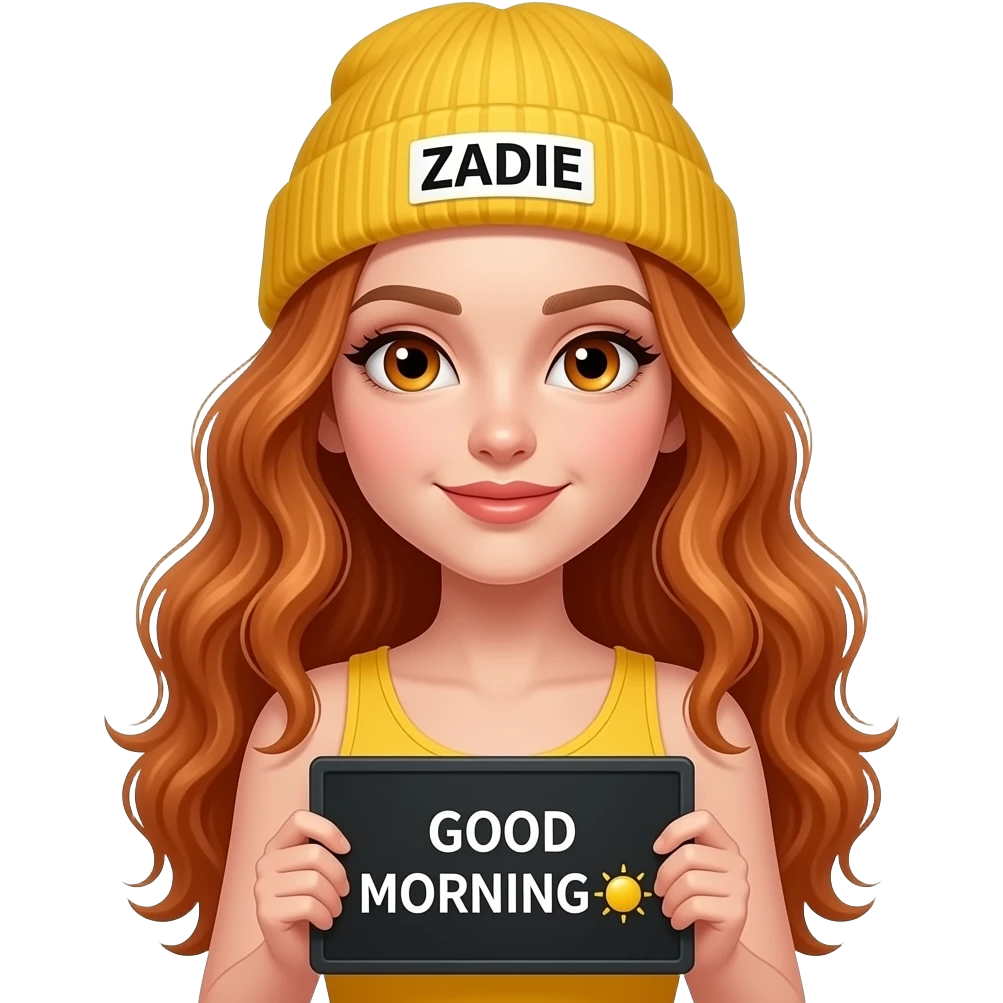 sexy girl with overlong wavy ginger hair and ginger eyes wearing a yellow tanktop and a yellow beanie with ZADIE written on it, is holding a black sign with just GOOD MORNING  🌞 on it emoji