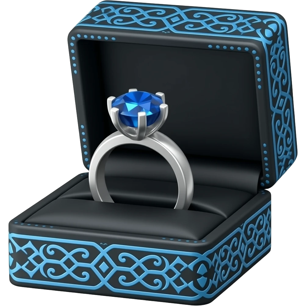 Sapphire ring in a black box with blue ornate trim emoji