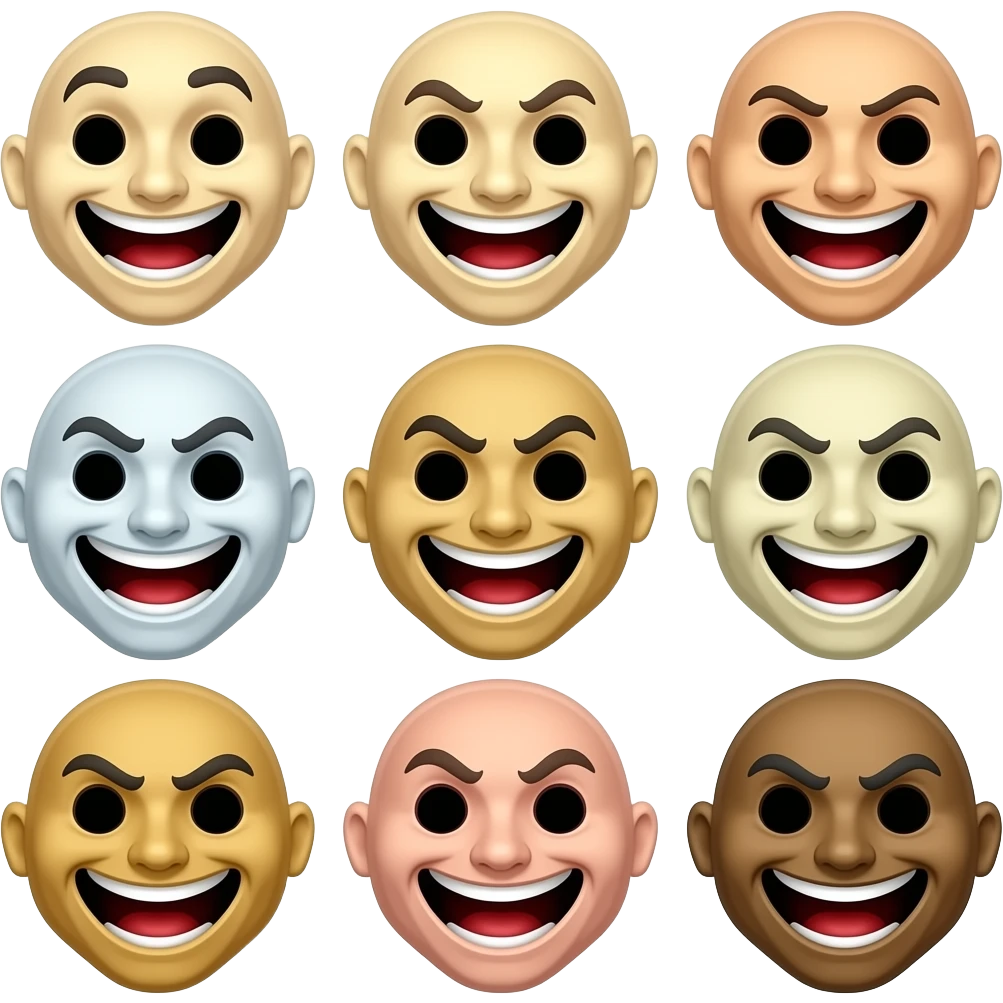 variedad de mascaras burlonas, risas histericas malvadas, sin ojos emoji