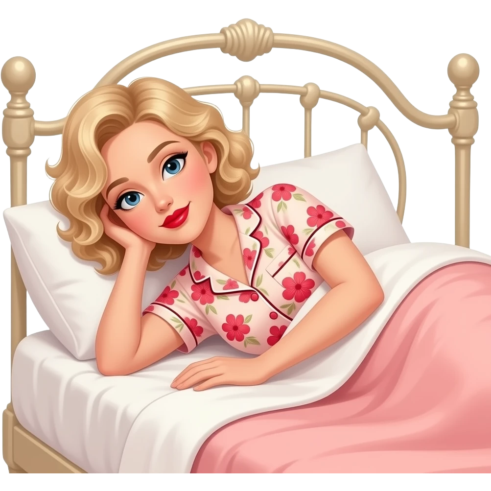 Short curly blond hair side swept red lipstick and peach and RED FLORAL SHORT SLEEVE PAJAMAS SET UNDER A PEACH DUVET SLEEPING ON THE SIDE, BLACK EYEBROWS ON A VITCTORIAN BED emoji