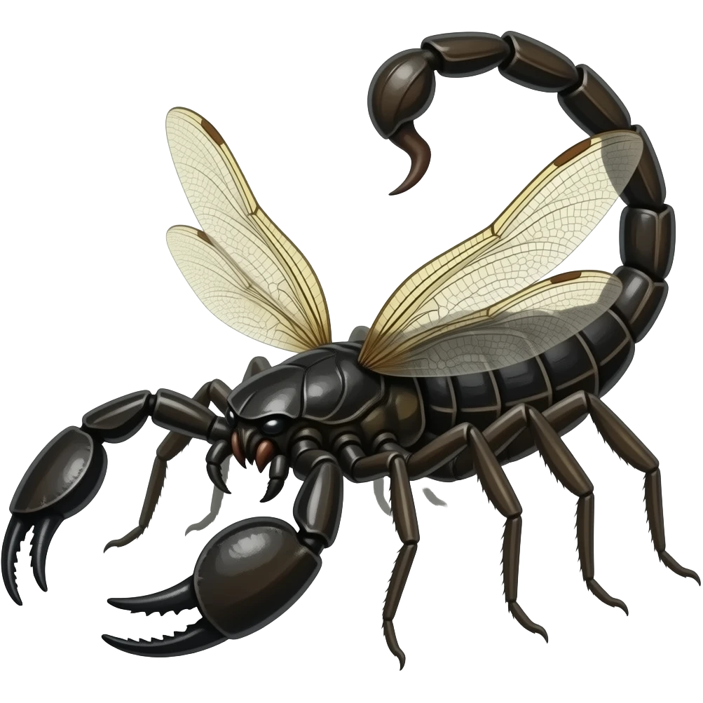 a black widow spider body with dragonfly wings, a scorpion tail and pinchers, and a praying mantis head, insectoid fusion, realistic, emoji