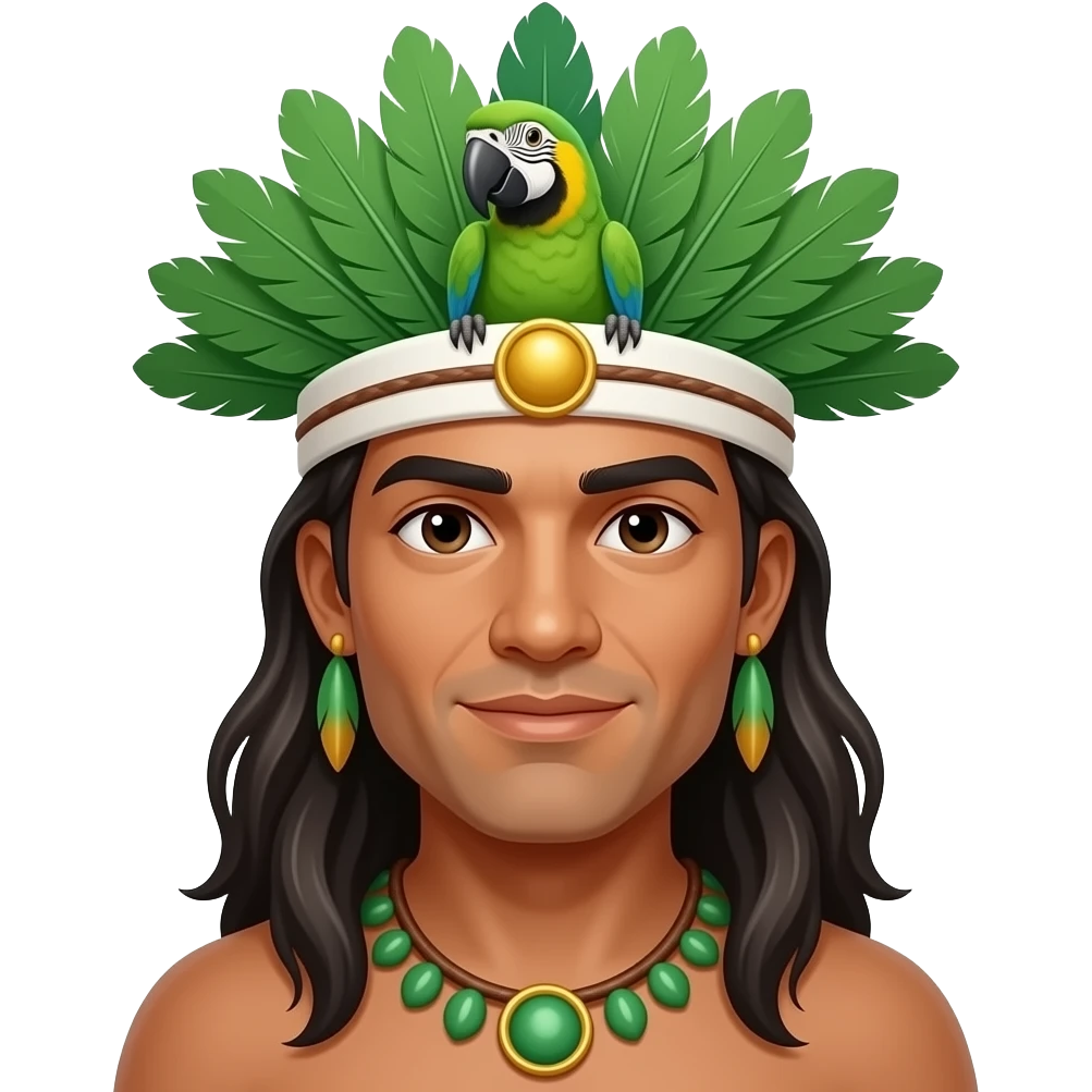 Puerto Rican taíno warrior man with long hair and a headdress with Puerto Rican parrot green feathers that has a cotton white band with a gold circle in the center of it emoji