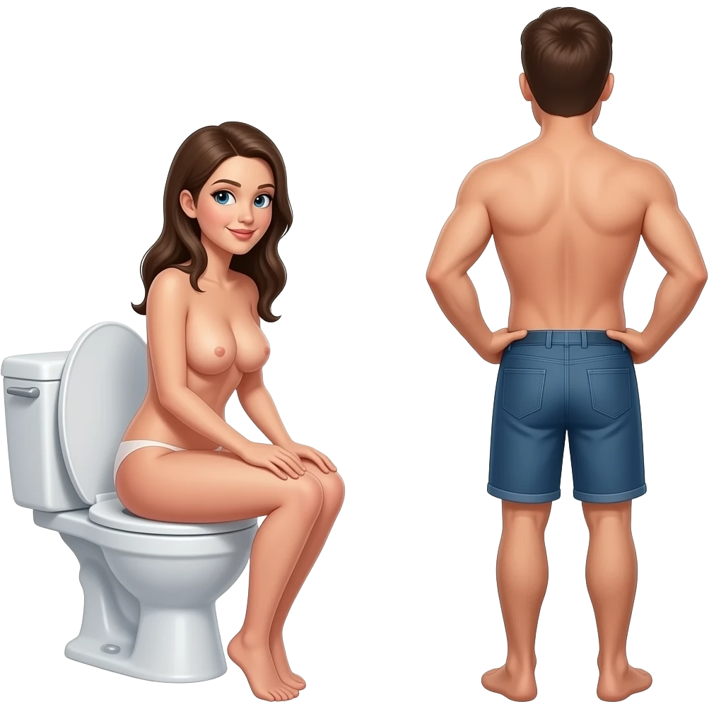 Woman nude on toilet with man back her butt emoji