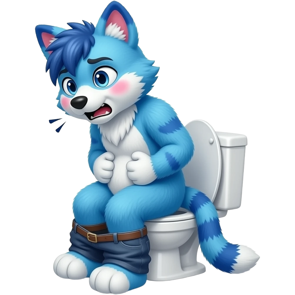 blue fursuit sitting on toilet, side view, pants down, straining face, blushing face, pain, pushing, both hands on stomach, discomfort, grunting emoji