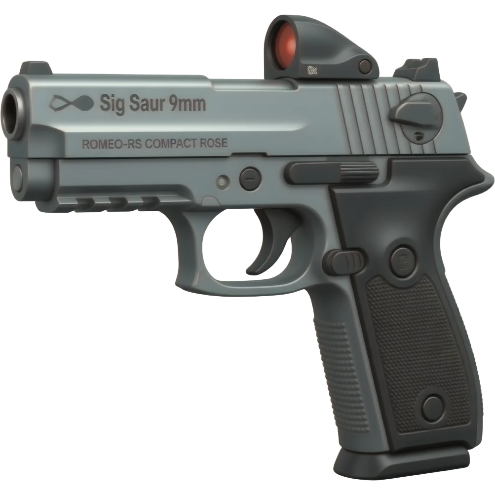 Make the sig saur 9mm pistol and add the name "Sig Saur 9mm" on the barrel . Make the name darker.   Make a red dot sig saur ROMEO-RS COMPACT ROSE sight on the gun. emoji