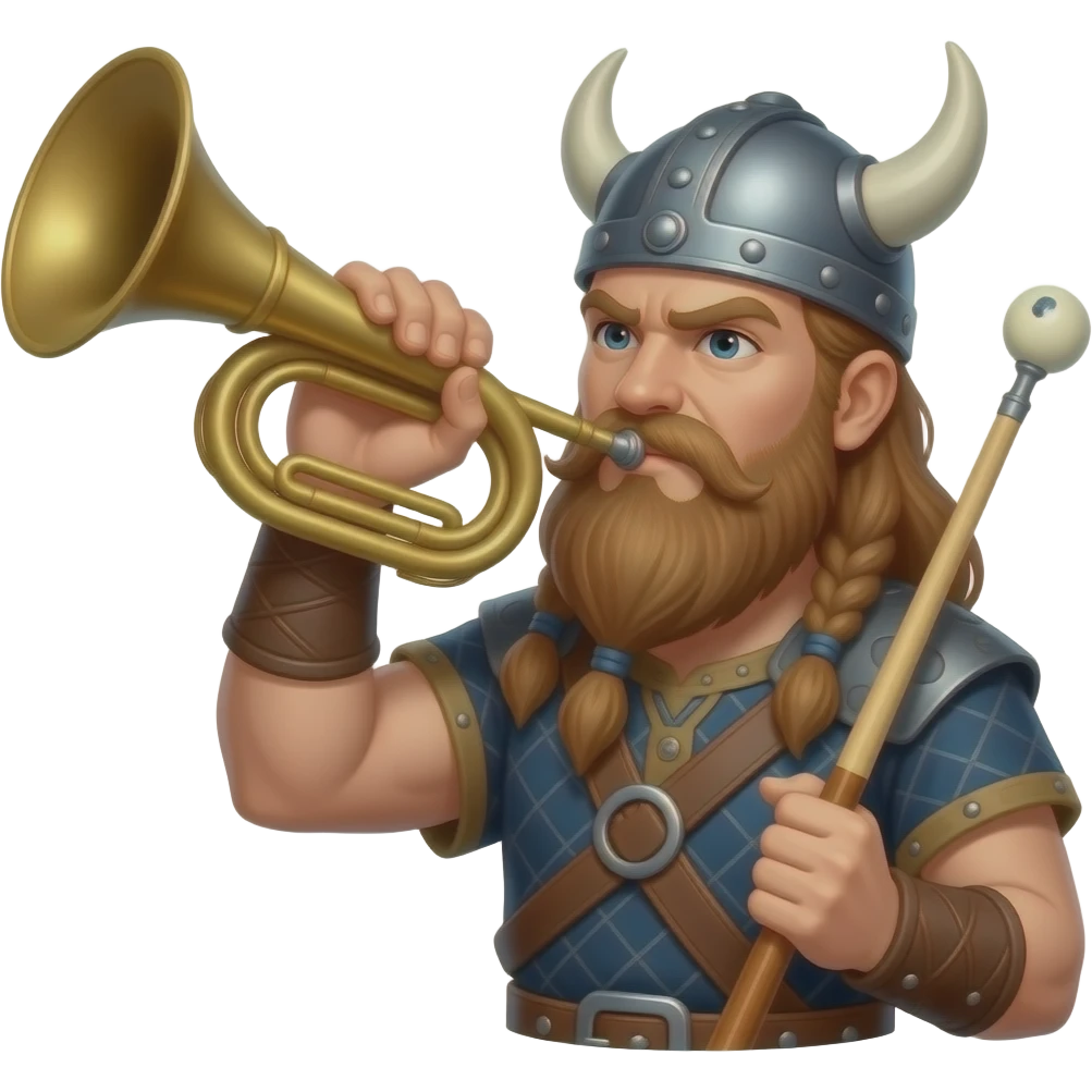Dramic Viking blowing a large horn holding a pool cue emoji