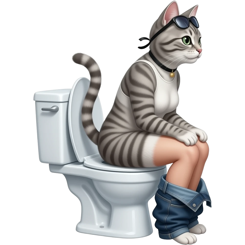 Female grey cat furry Woman,sit on toilet pants down,fursona,side view emoji