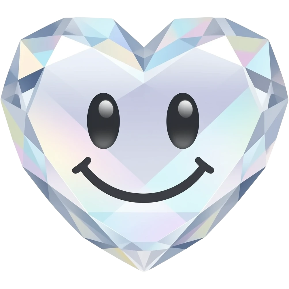 Pastel White iridescent Crystal heart with a smiley face emoji