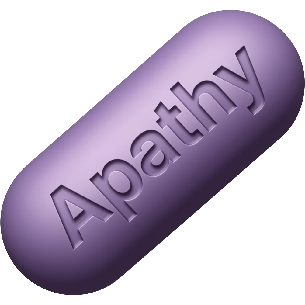 A single dark purple solid oblong pill with "Apathy" engraved in it at a 45 degree angle emoji