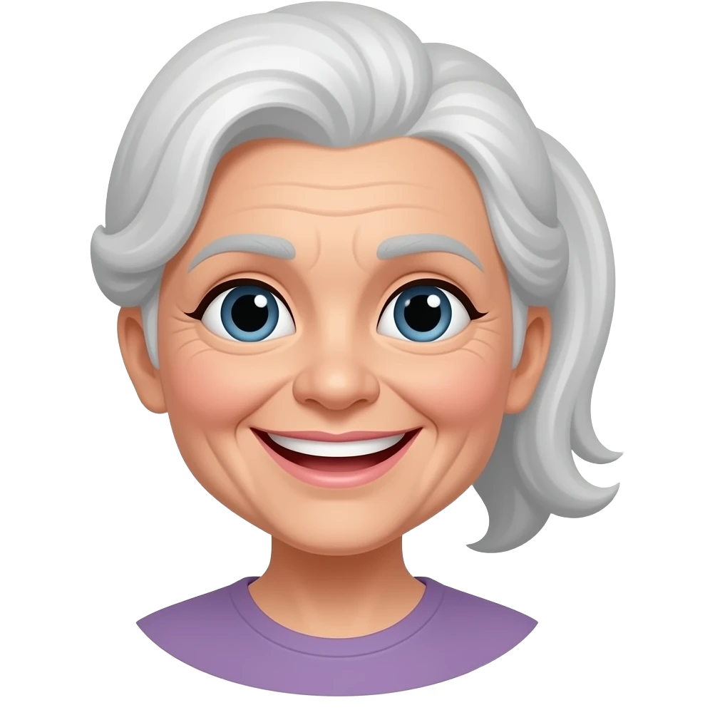 "An old lady with her long white hair gathered into a ponytail is beaming with a bright smile. emoji
