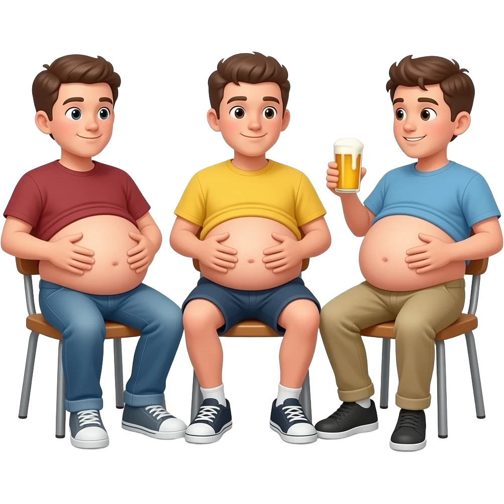 6 chłopaków z piwnymi brzuchami 1 krześla ma 16 lat 2 krześle ma 15 lat 3 krześle ma 14 lat ich brzuchy mają kształt jak ogromne kula 1 prześlę ma jeansy 2 krześle ma spodenki i żółtą koszulkę siedzą na krześle i rozmawiają i głaszczą swoje brzuchy i piją 🍻 emoji