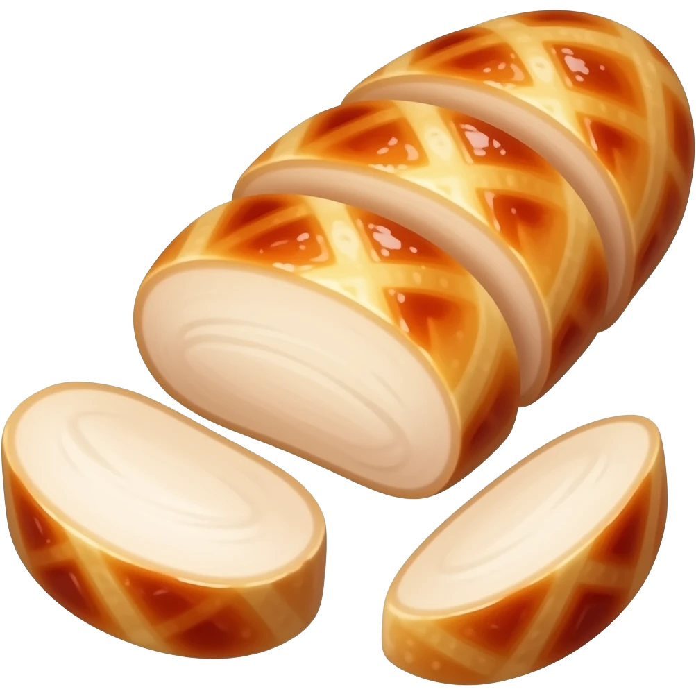 Cooked chicken fillet cut into bite-sized pieces, juicy and tender, golden appetizing crust, soft and moist inside, neatly sliced, fresh and flavorful appearance, emoji