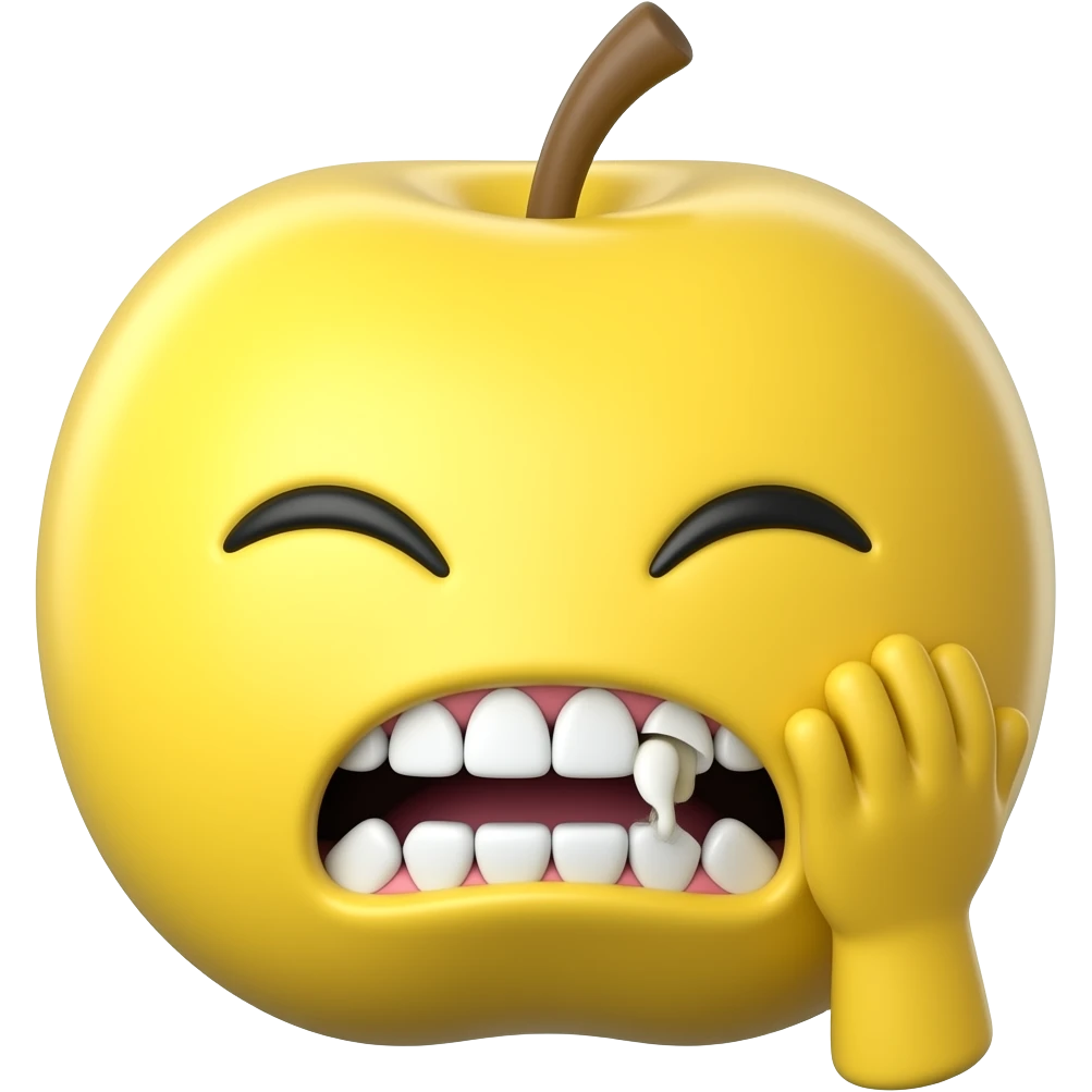Apple emoji style of a suffering yellow circle emoji face holding its ...