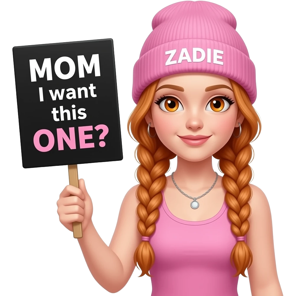 sexy girl with overlong ginger braids and ginger eyes wearing a pink tanktop and a pink beanie with ZADIE written on it, is holding a black sign with MOM I want this ONE written on it emoji