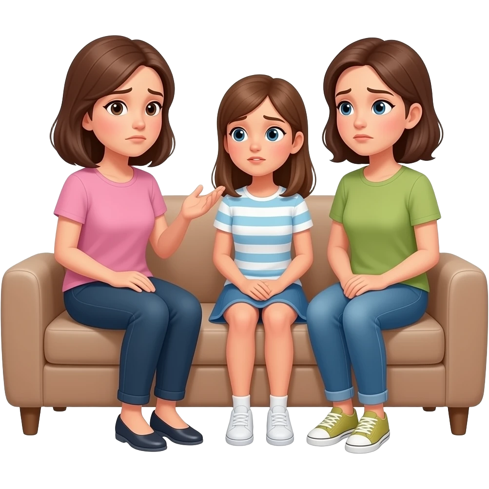 adult women  looking guilty sitting on couch talking with a teenage girl sitting next to another women emoji