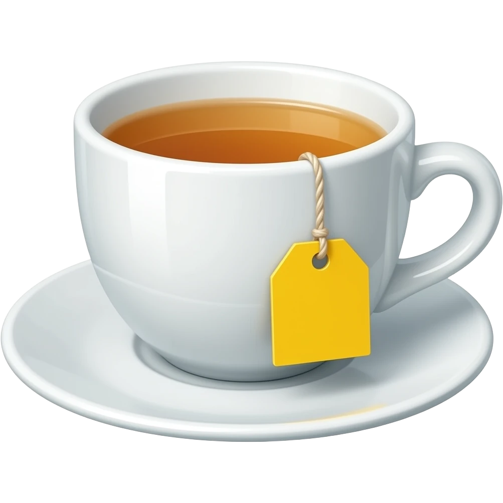 3D emoji style hot tea in a white ceramic cup, 
light amber-colored tea with a string hanging over the rim 
attached to a plain yellow paper tag with no logo or text, 
subtle steam rising, small saucer underneath, 
Apple emoji aesthetic, soft highlights, 
transparent background, bold simple shapes emoji