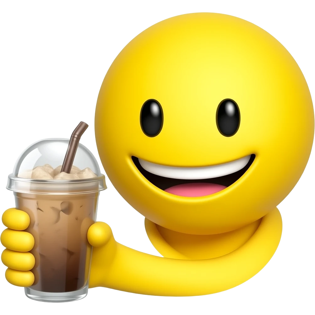 iOS Apple emoji style, yellow cheerful head holding iced coffee glass with yellow hand. he has no body, only head and hand emoji