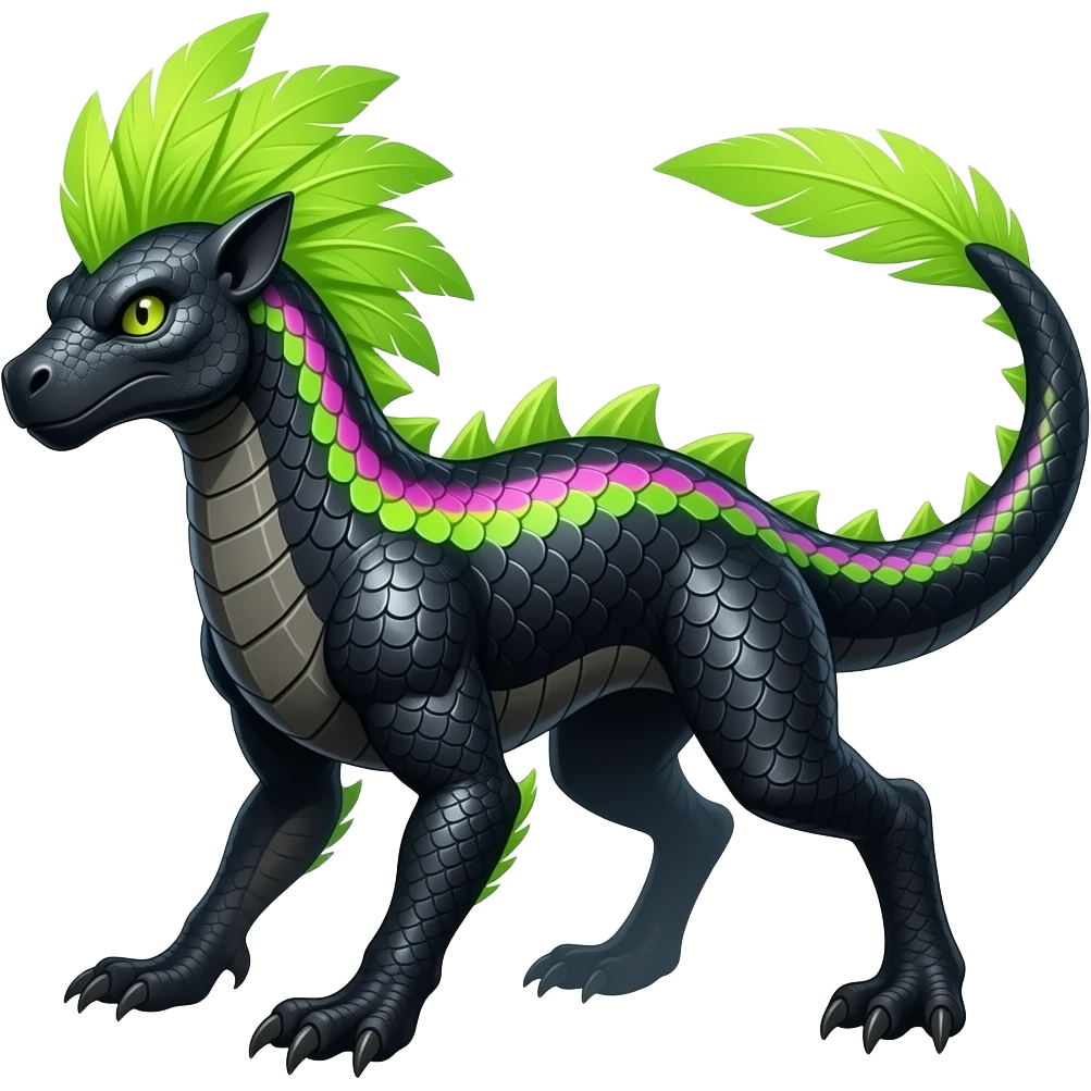 Cool edgy ancient black-scaled with neon-colored stripe markings digitigrade bipedal vintage futuristic raptorik fantasy-Cyberpunk-Steampunk-Solarpunk-Genesect-Salamence-Cyclizar-Salazzle-Feraligatr-Fakémon-animal-hybrid, with neon feather-mane, and a tail blade, back spikes, full body emoji