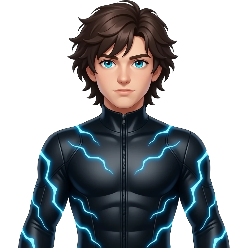 young male with long, messy dark brown hair, glowing cyan blue eyes, wearing a black body suit, with a blue electrical current surrounding him full body emoji emoji