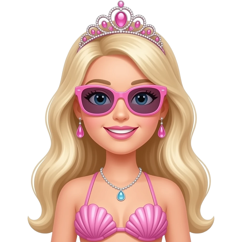 barbie merliah summers wearing a pink sunglasses a pink mermaid tail a pink Seashell bikini and a pink tiara emoji