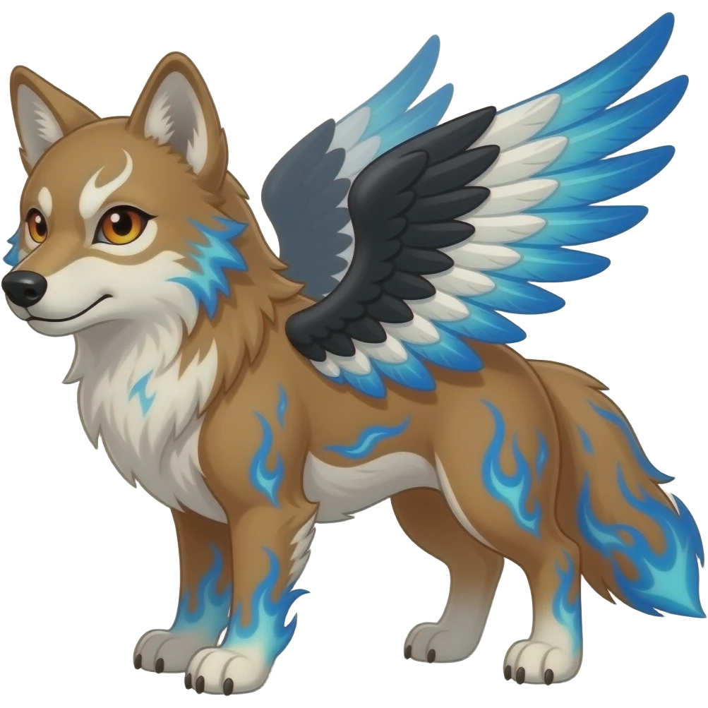 russet wolf with orange eyes, a white marking over the left eye, black, white and blue wings and blue flames over the fur emoji