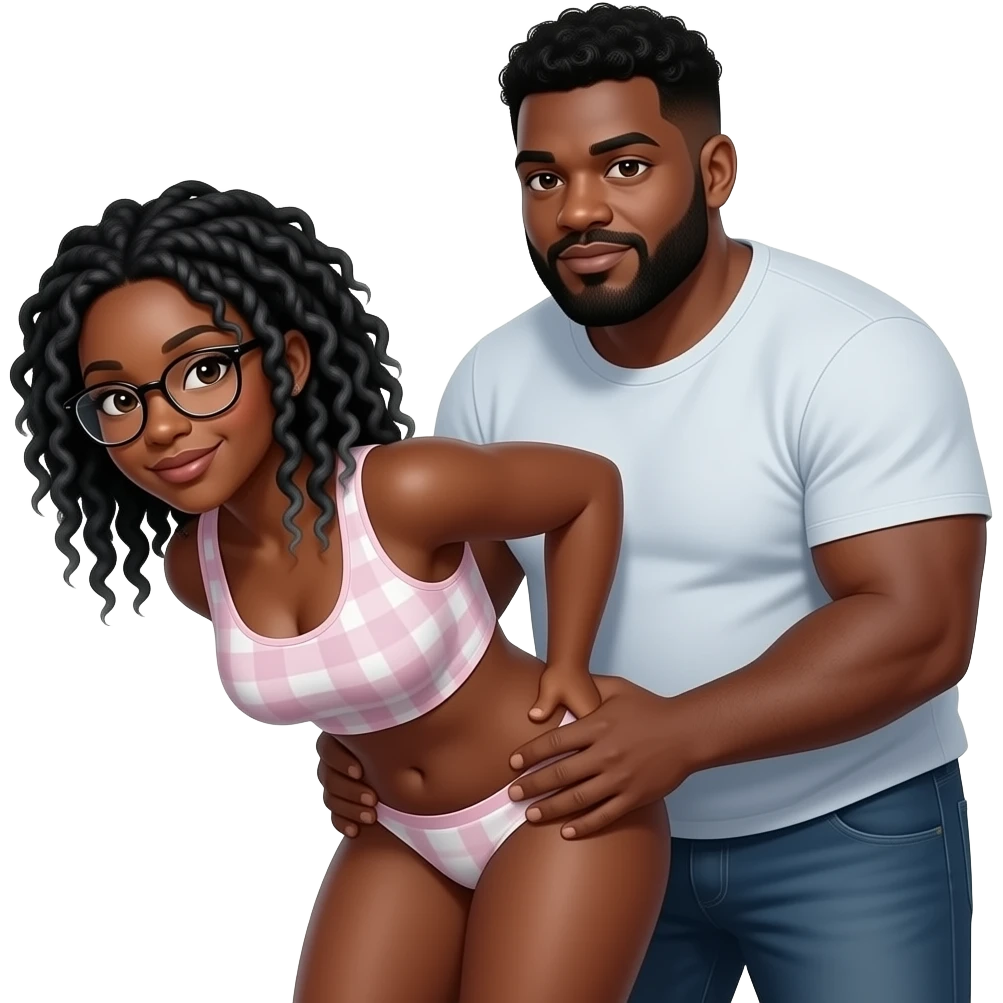 Black woman, with black locs (with some grey) and glasses; bent over with a large (chubby) black man with a low curly haircut and beard with some grey; standing behind her holding her hips in just panties emoji