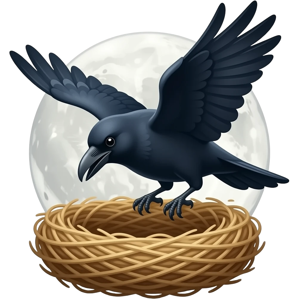 Crow landing in nest with moon emoji