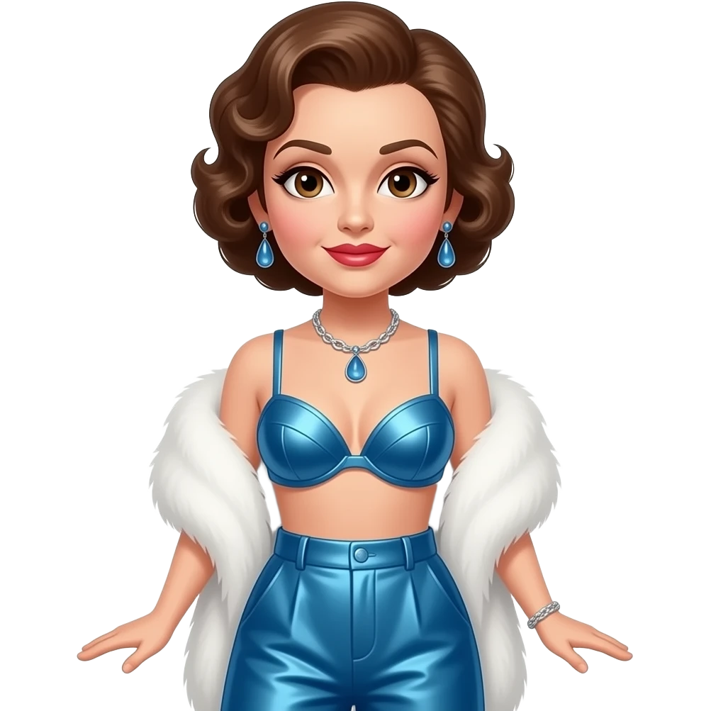 Judy Garland with brown eyes, brown hair, white fur shawl, blue metallic bra, blue metallic baggy pants, necklace and earrings emoji