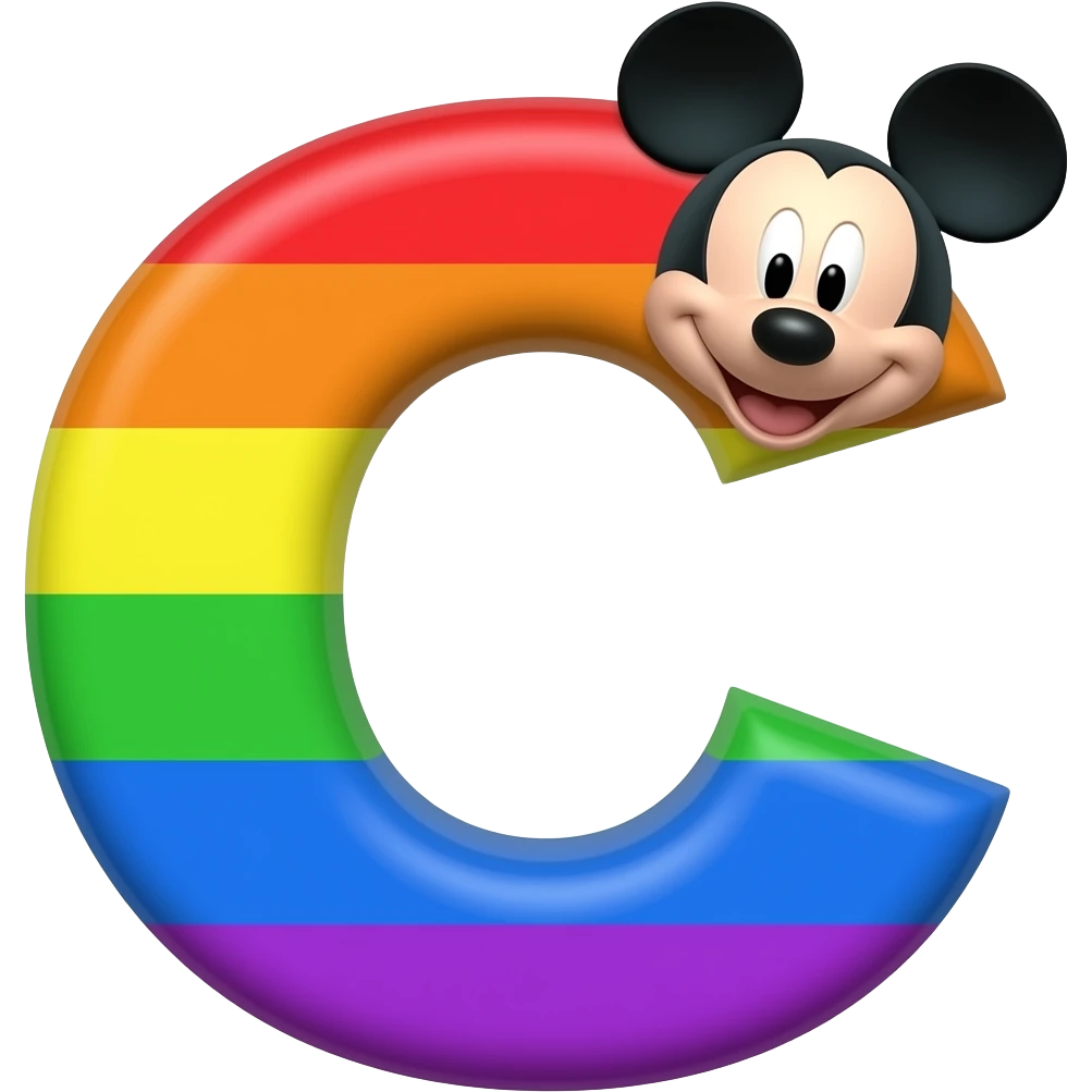 letter c in rainbow colours having a micky mouse face on its top corner emoji