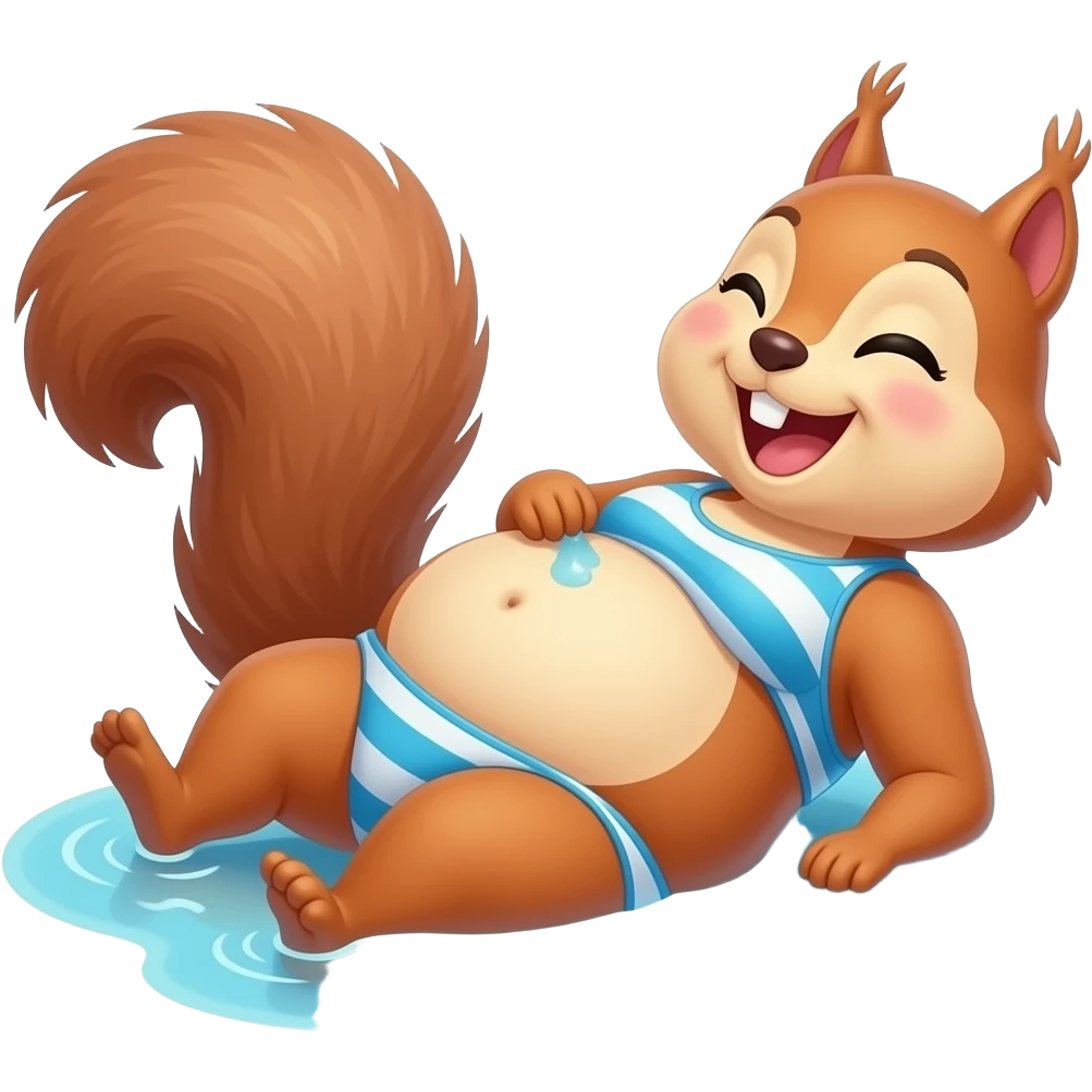 A female squirrel enjoys the beach holiday in her swimmers,but she is so full from a lunch break that she is about to burst,Then her fat Tummy rolls & drops out,she will just lay on her back in the shallow cool water,her gluttonous belly promotes a good resort business. emoji