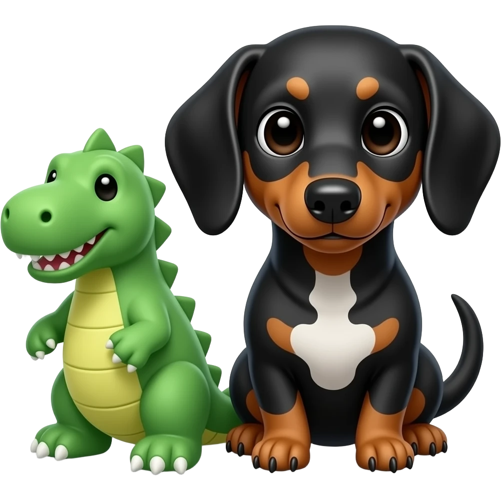 perro salchicha negro con una manchita blanca eñ el pecho sentado con un dinosaurio verde de peluche a su lado emoji
