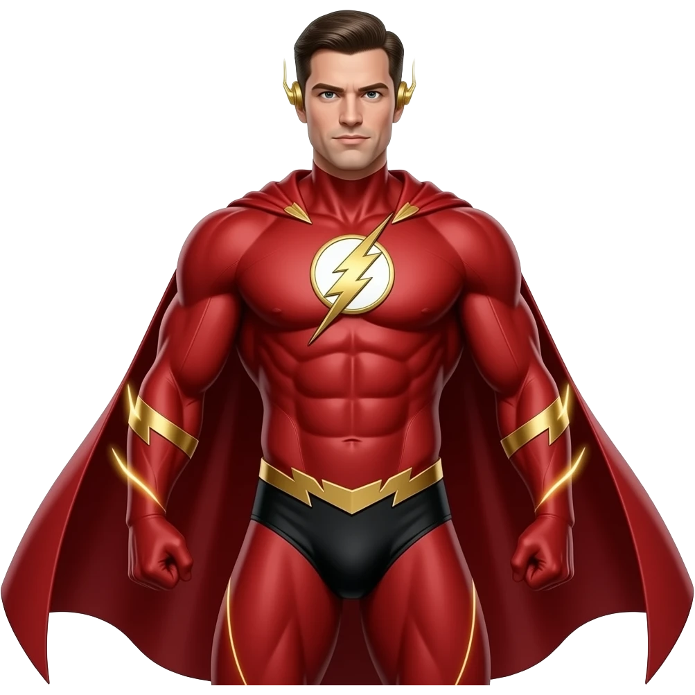 full body male superhero flash clothless figure with only cape and muscular build in thin, narrow underwear with bulge emoji